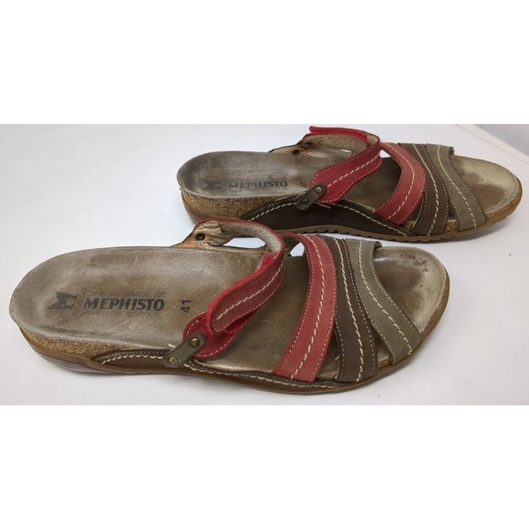 Mephisto Sandals‎ Women Size 41 Leather Red Brown Wedge Slide On Air-Relax VTG - Picture 1 of 12